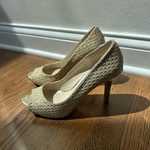 Audrey Brooke Gold Sparkly Open-Toed Women’s Heels - Size 8